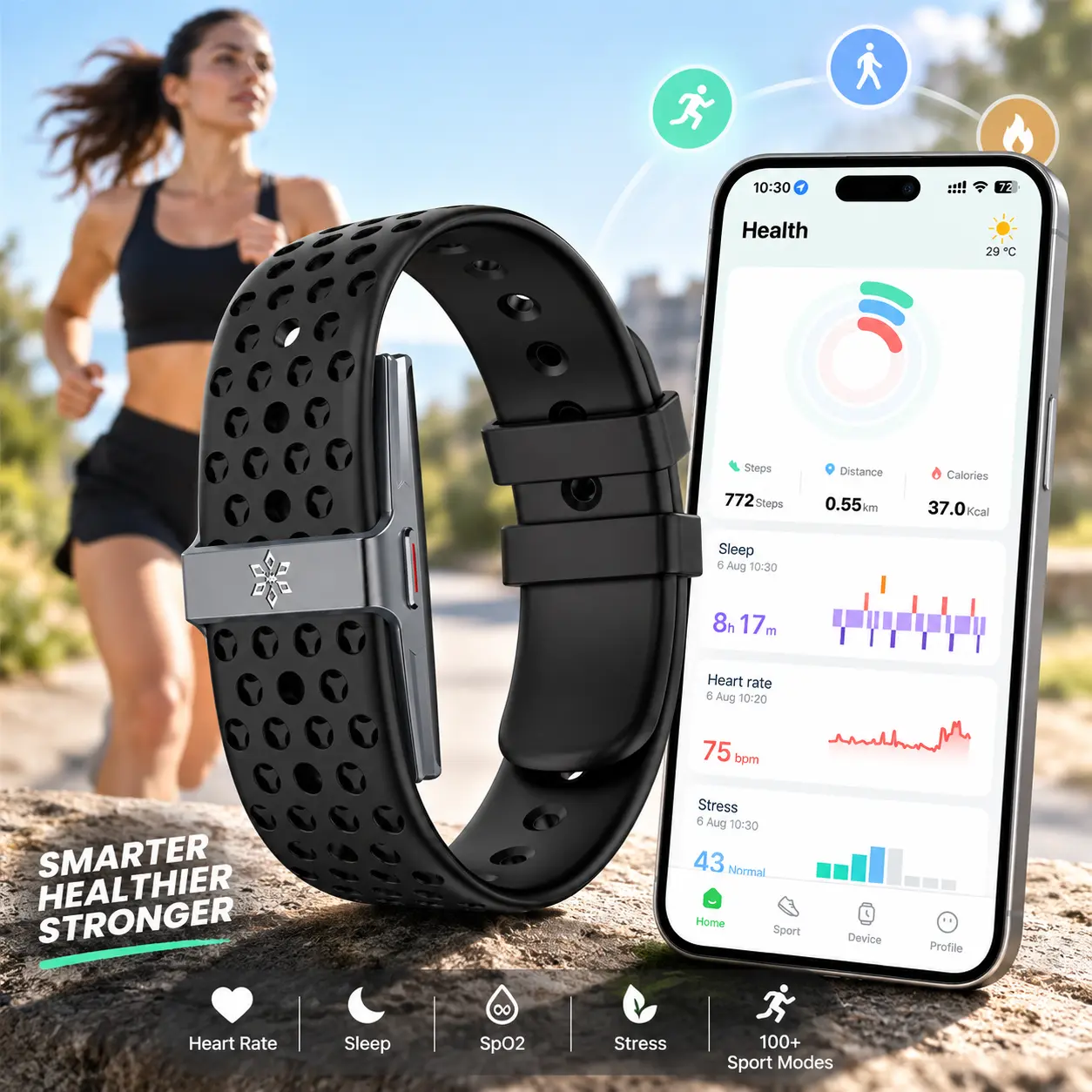 Screen-Free Fitness Tracker for Men and Women - IP68 Waterproof Wearable Band with 24/7 Heart Rate & SpO2 Monitoring, Sleep & Stress Tracking, 100+ Sports Modes, No Subscription Fees, Compatible with iOS & Android Smartphones | Ideal Gifts for Men & Women