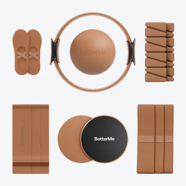 BetterMe Mocha Home Pilates Equipment Studio Kit | Ring, Sliders, Workout Bands, Ball & Socks – Full Studio Set for Home