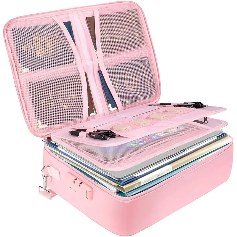 Fireproof Document Box with Lock, Portable Fireproof Document Bag Waterproof Fire Proof File Boxes for Documents, File Organizer Box for Important Paperwork (Pink, 15''x11''x4'')