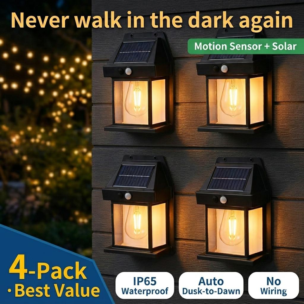 4 Pack Solar Motion Sensor Outdoor Wall lantern Lights mount - IP65 Waterproof, 3 Modes Dusk to Dawn Auto, Wireless Security eco friendly Lights Flood for Garden Patio Garage Pathway (Modern Black)