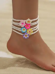 Boho Style Handmade Beaded Anklet, Soft Clay Flower Design, Graduated Eggshell Pattern, Casual Summer Fashion Accessory