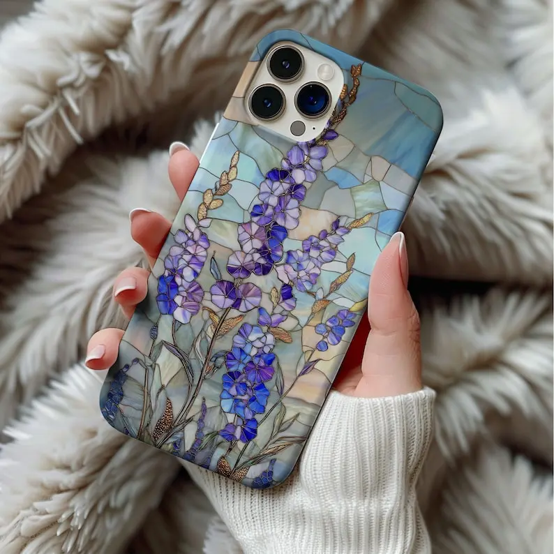 Lavender Flower Stained Glass Style Phone Case Purple Wildflower Floral Artful Vintage Case Gift Phone Cases. Case for IP 11 12 13 14 15 16 17 Pro, Plus, Promax, S21,22,23,24,25 Ultra, Tough Case, Magsafe Case