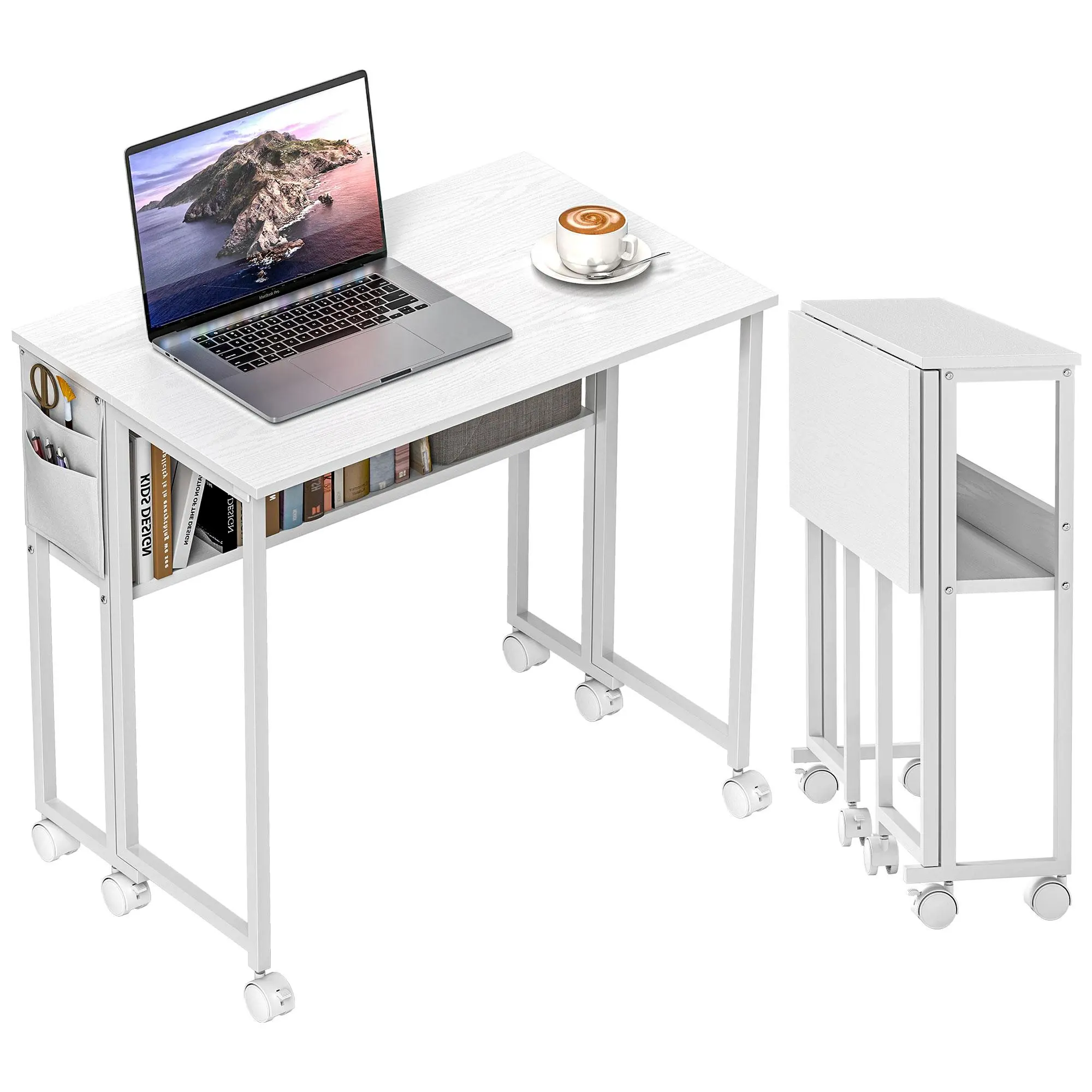 White Mobile Foldable Drop Leaf Writing Desk - 360 Degree/360° Swivel, Compact Laptop, Foldable Rotatable, Mobile Rolling Desk - 31.5x19.7x29.5in, Folds to 8.3in Wide, 6 Wheels for Small Space Apartment Home Office, 360 Degree Desks, 360° Swivel Desks