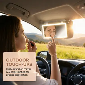 Touch Control Car Visor Vanity Mirror, Rechargeable Dimmable LED Makeup Mirror with 3 Color Modes, Large Detachable Sun Visor Mirror for Women's Car
