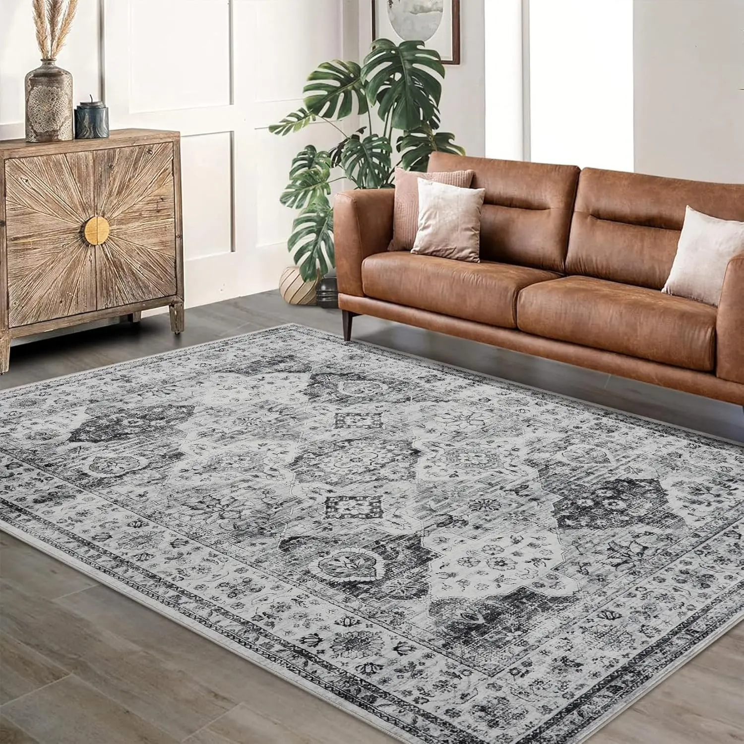 Washable Rug Area Rug Vintage Rug Traditional Mat Distressed Indoor Foldable Thin Rug Retro Accent Rug Floral Print Rug Non Slip CarpetGray tone 5x7ft, Rugs For Bedroom, 5X7 Ft
