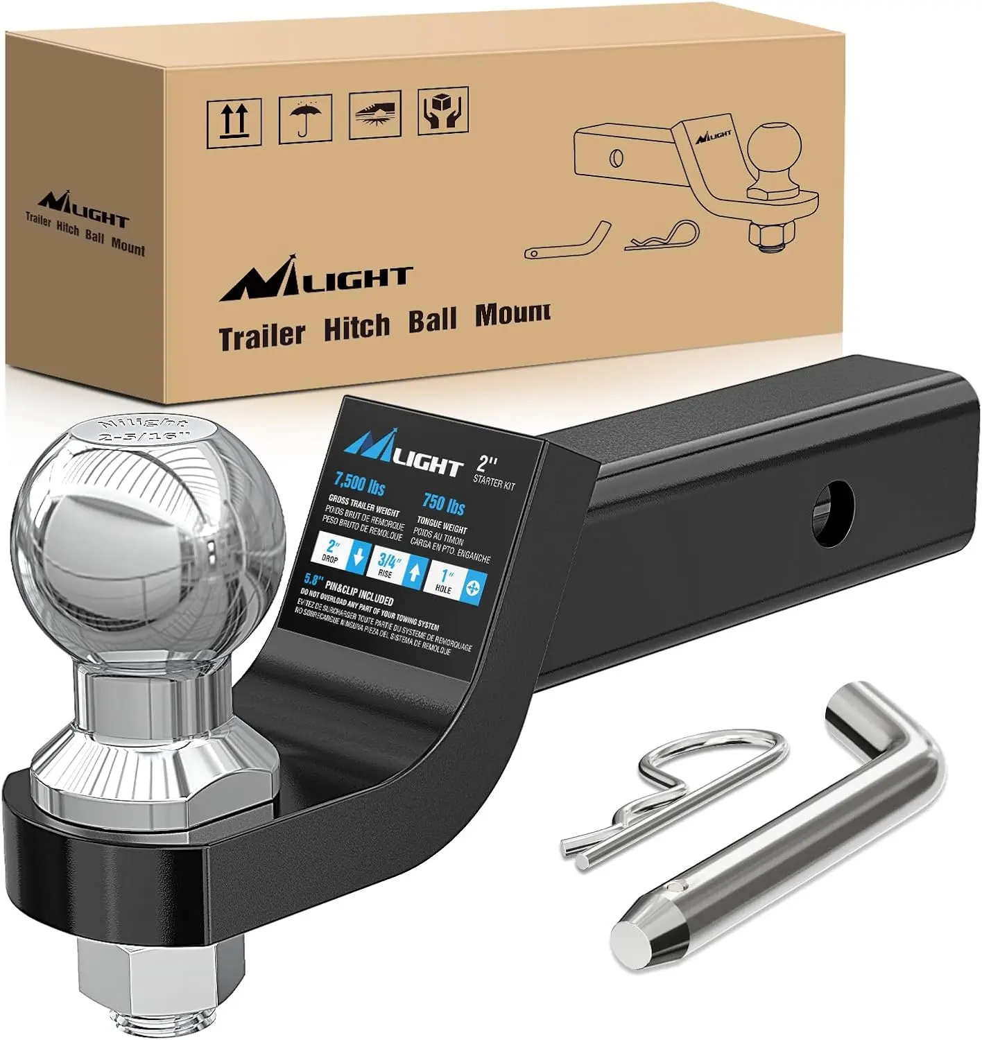 Nilight Trailer Hitch Ball Mount with 2-5/16Inch Trailer Ball & 5/8" Hitch Pin Clip Fits 2-Inch Receiver 7500 lbs 2" Drop, Trailer Hitch Installation