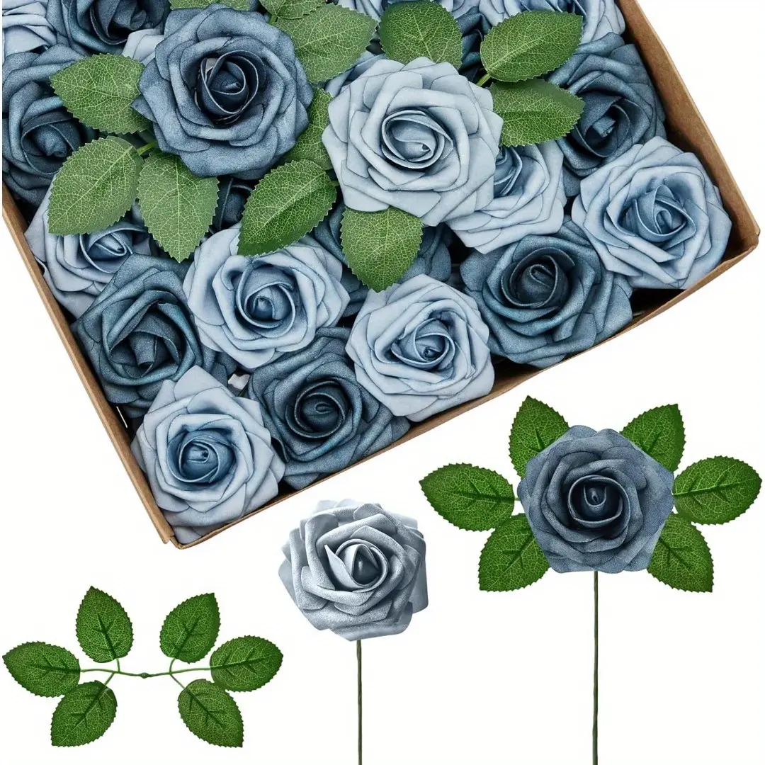 50pcs Dusty Blue Navy Roses Artificial Roses Foam Flowers, Artificial Flowers Fake Roses for Decoration Wedding Bouquets Centerpieces Bridal Shower Party Valentine'S Day Christmas Xmas Home Party Holiday Flower Decor