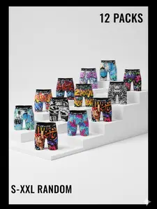 JEVPE Men's Street Graffiti Urban Art Collection 12-Pack Long Leg Boxer Briefs, Assorted Random Print Breathable Stretch Men's Underwear Multipack, Sizes S-XXL