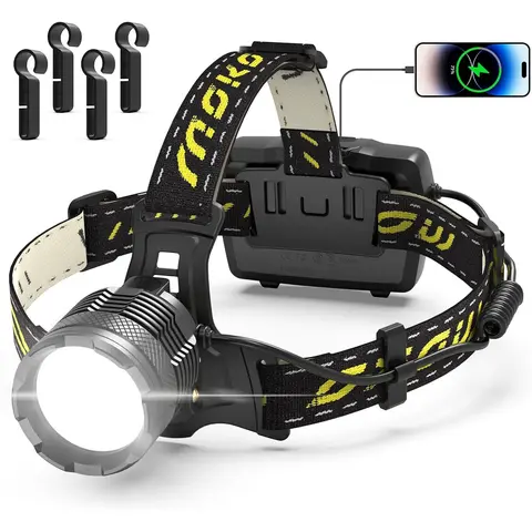 Moko Led Rechargeable Headlamp - 150000 Lumens High Lumen Flashlight, 50W Bulb, 60 Hours Battery Life, Detachable Lamp, 8 Modes Super Bright, IP68 Waterproof, 90° Adjustable Sensor, Portable Tactical Flashlight for Outdoor Camping, 90° Adjustable Headband