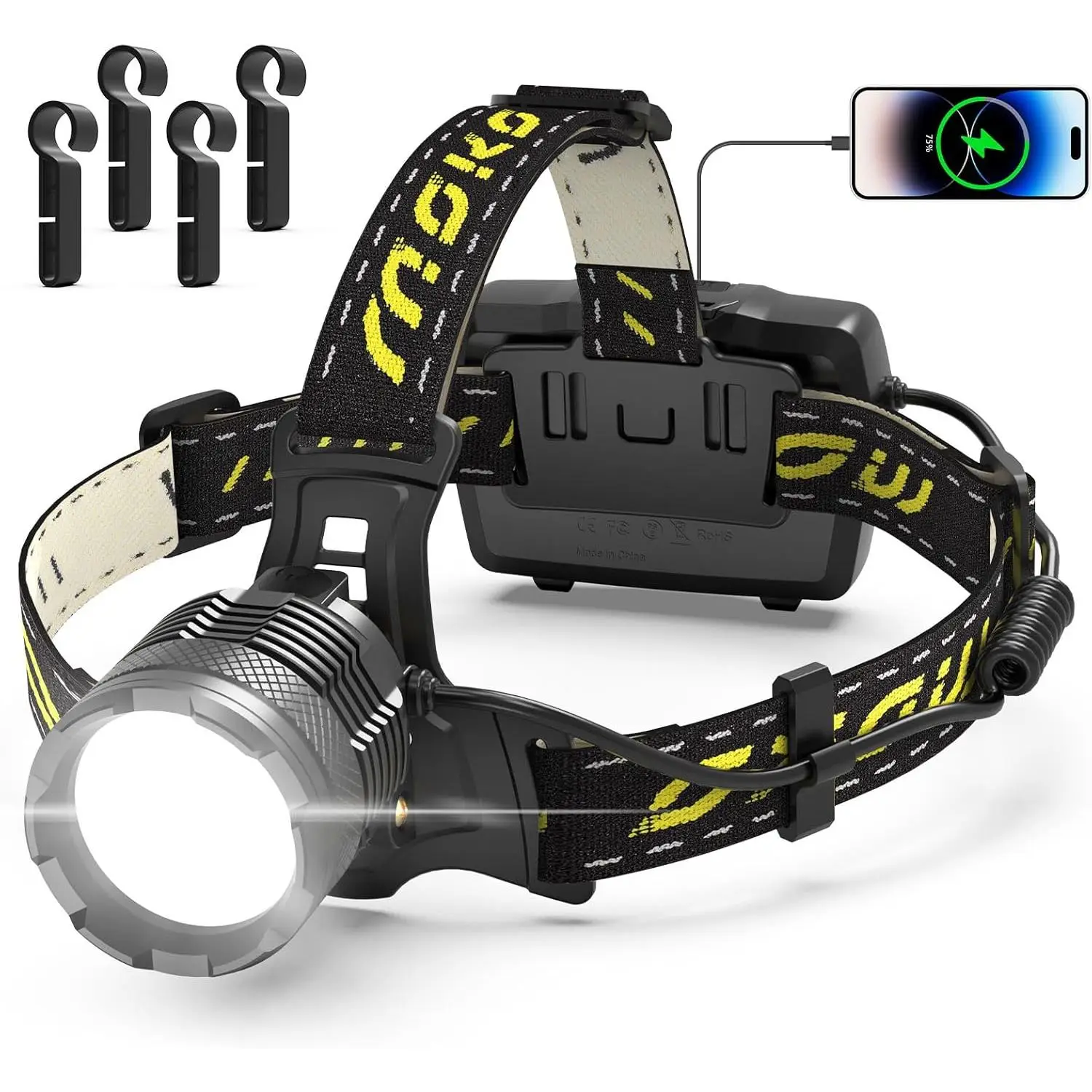 Moko 150000 lumen rechargeable headlamp-60H long battery life detachable, 8 modes super bright 50W bulb IP68 waterproof 90 ° adjustable sensor headlig