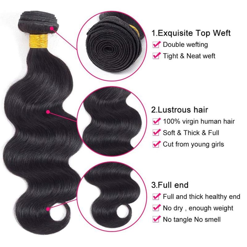 Vinisay Brazilian Virgin Hair Body Wave Straight Hair Bundles Human Hair Quick Weave Extensions Natural Black 12-30 Inches Budget Friendly