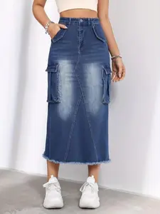 JUNBAOSS Women's Casual Stretch Mid Rise Long Denim Skirt Women Button Down Mid-Length Streetwear Denim A-Line Skirt with Cargo Pocket