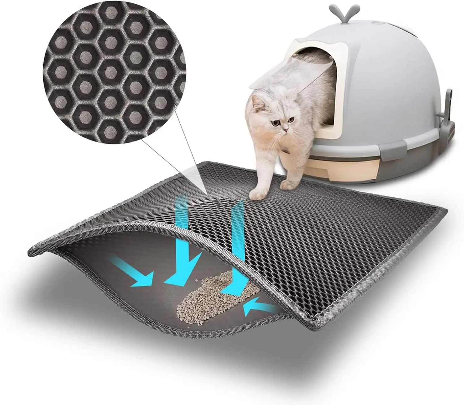 Cat Litter Mat XL Double Layer Honeycomb — Litter Trapping Mat for Litter Box, Waterproof & Urine Proof, Traps 90% of Litter, Easy Clean, Soft on Paws, 30x24 Inch Grey