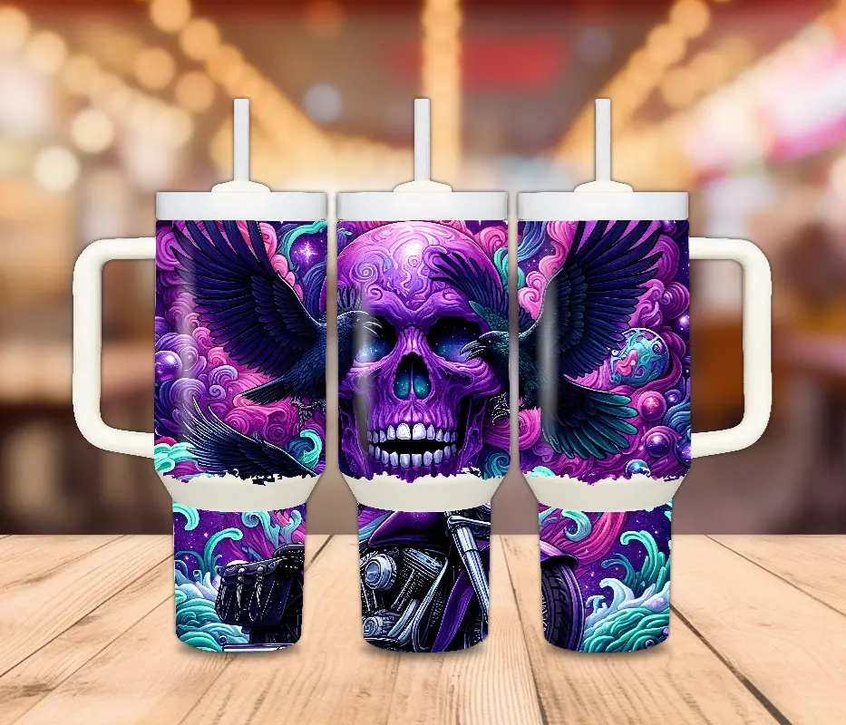 40 Oz. Purple Skull, Raven and Motorcycle Tumbler