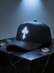 GET THE LOOK! ✨ Rhinestone Cross Studded Hat | Black Snapback with Red Bottom | Bling Streetwear Cap | Authentic Snapback Hat | Fast Shipping 📦
