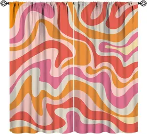 Retro 70s Groovy Curtains, Vintage Abstract Funky Modern Art Window Drapes Boho Pink Orange Spiral Swirl Waves Window Treatments for Bedroom Living Room 42x63in