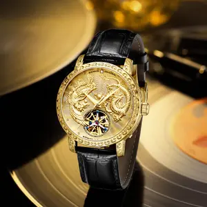 NAMKIN Men's Mechanical Watch Dragon & Phoenix Engraved Dial Tourbillon Black Leather Strap Luxury Timepiece with Gold Accents
