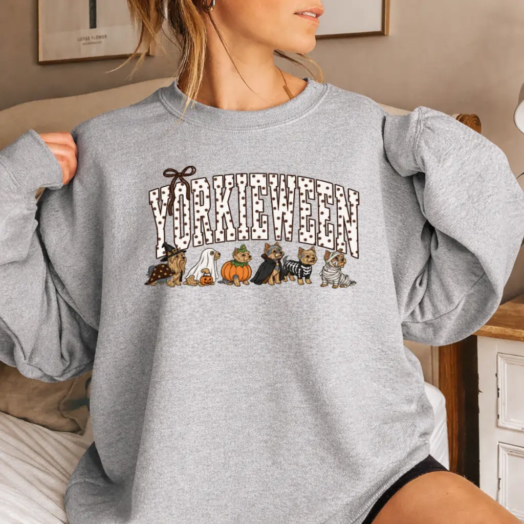 Yorkie Halloween Sweatshirt, Cute Yorkshire Terrier Halloween Graphic Crewneck, Funny Spooky Dog Lover Fall Sweater, Cozy Autumn Gift