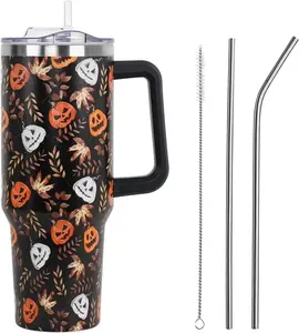 Halloween Tumbler with Lid and Straw 40oz,Jack-O''-Lantern Pumpkin Leaves Vacuum Insulated Leak Proof Tumbler,Fall Farmhouse Cute Gifts Women Girls,Thanksgiving Accessories Stainless Steel Coffee Cup
