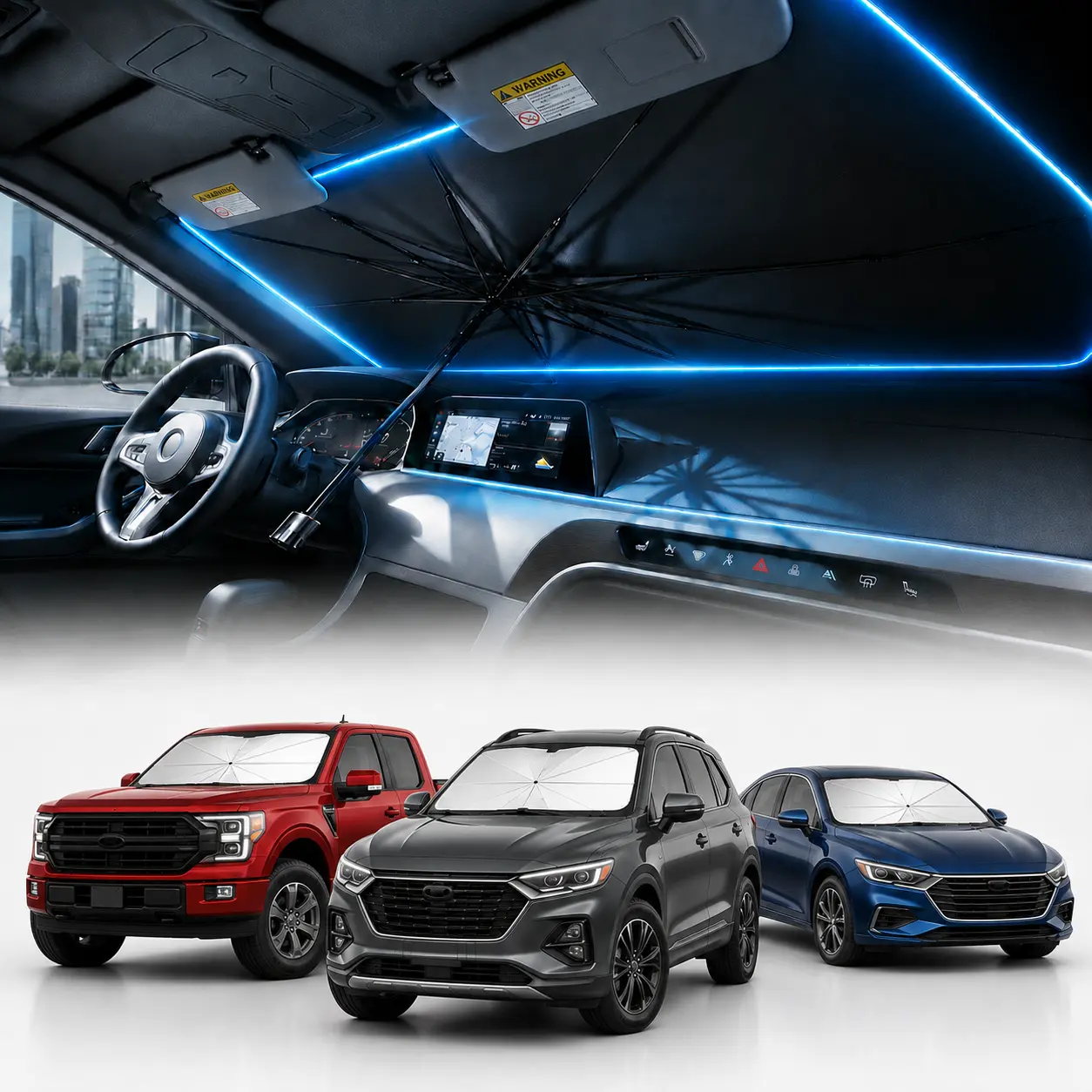 Upgraded Reflective Car Windshield Sunshade Umbrella, Large Foldable Pop-Up Auto Front Window Heat Insulation Cover, 99% UVA-UVB Blocker Cooling Anti-Aging Shield for Sedan SUV, Portable Summer Cars Accessories, Foldable Windshield Sunshade Front Window