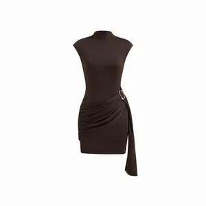 Cider High Neck Metal Detail Ruched Mini Dress