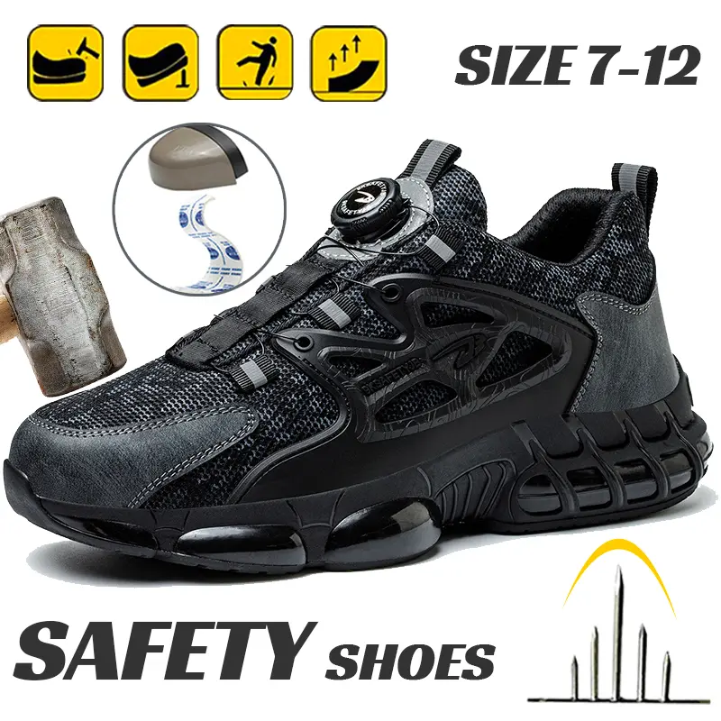 Men's Steel Toe Work Shoes, Breathable Polyester Mesh Fashion Walking Shoes with Rotary Knob, Slip-Resistant Safety Sneakers for Workers, Footwear, Closed, Braid