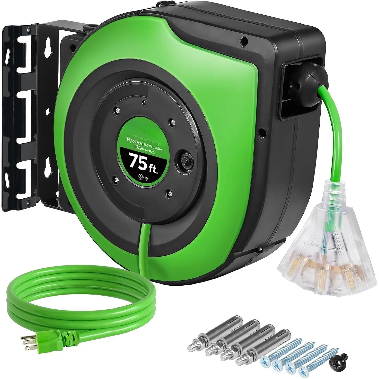 Retractable Extension Cord Reel, 75 FT Heavy Duty 14/3C Gauge SJTOW, 3 Grounded Lighted Triple Tap Outlets, 10A/125V/1250W Circuit Breaker, Wall/Ceiling Mounted for Warehouses, UL Listed, Green J75CR06
