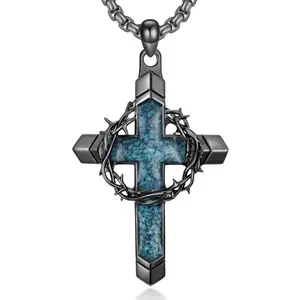 Vintage-style cross pendant necklace with a thorny wreath design, highlighting personality and fashion. Crafted from metal material and inlaid with turquoise.