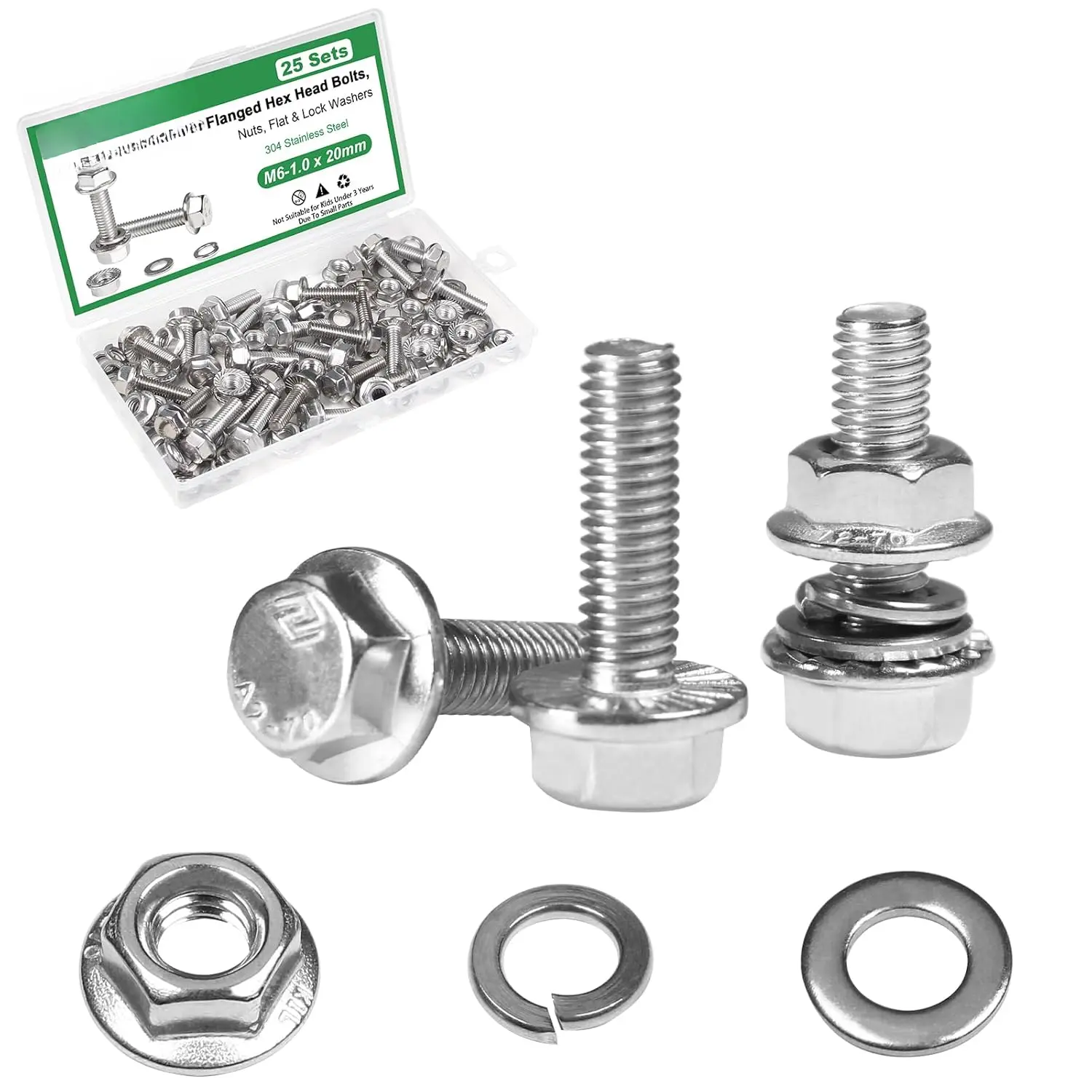 25 Sets M6-1.0 x 20mm Flanged Hex   Kits, M6 Flange Hexagon Screws and Nuts,Flat & Spring Lock Washers,18-8 (304) Stainless Steel,Metric Bolt Assortment, Fully Threaded