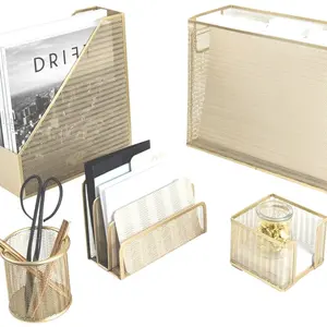 Gold Desk Organizer Set – 5-Piece Office Accessories Kit with Hanging File Holder – Chic Gold Office Decor for Women – Boho Desk Accessories for Stylish Workspace Organization