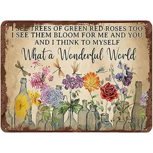 Wonderful World Dragonfly and Flowers Wooden Wall Decor with Tree and Green Roses Vintage Sign for Entryway and Gallery Walls