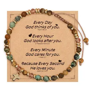 Christian Gifts for Women, Adjustable Natural Stone Cross Bracelet with Message Card, Baptism Gifts