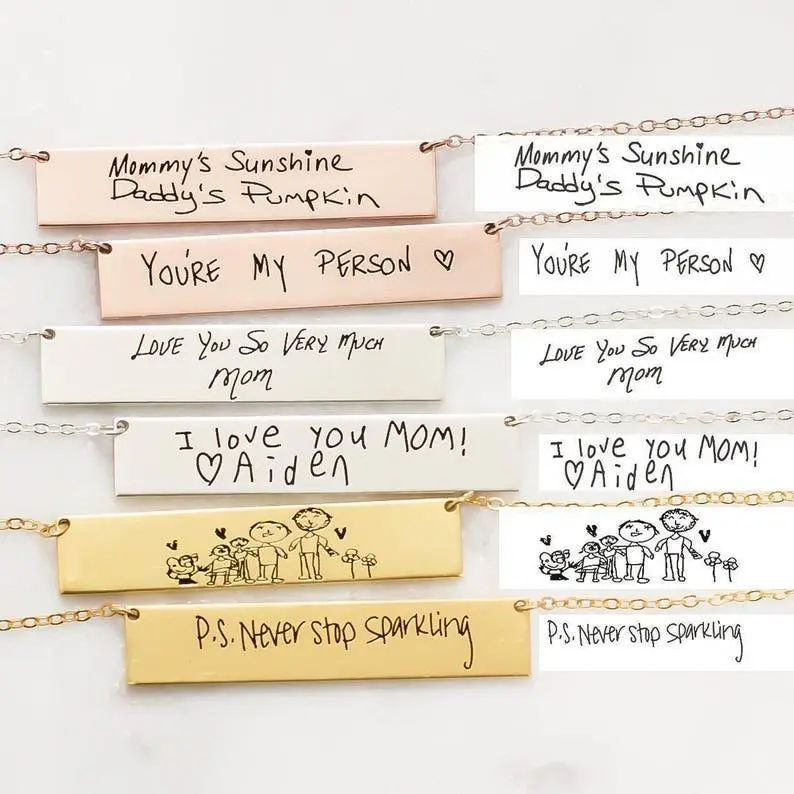 Customized Necklace with Your Actual Handwriting, Casual Stainless Steel Bar Pendant, Engraved Meaningful Jewelry Gift for Men & Women, Metal Coating, Customizable, Daily