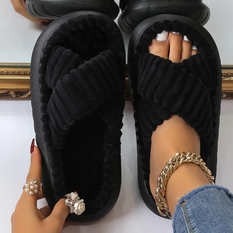Women's Criss Cross Design Plush Slippers, Casual Soft Comfortable Non-slip Thick Bottom Slippers for Indoor and Outdoor Wear, Bedroom Slippers for Fall & Winter, Footwear