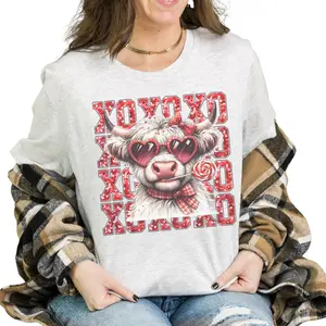 XOXO Highland Cow Bleached Shirt - Ash Grey - Western Valentines Day