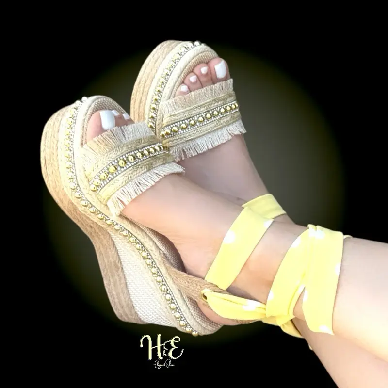 Sandalia Colombiana - Gold Fringe & Rhinestone Embellished Espadrille Wedge Sandal for Women