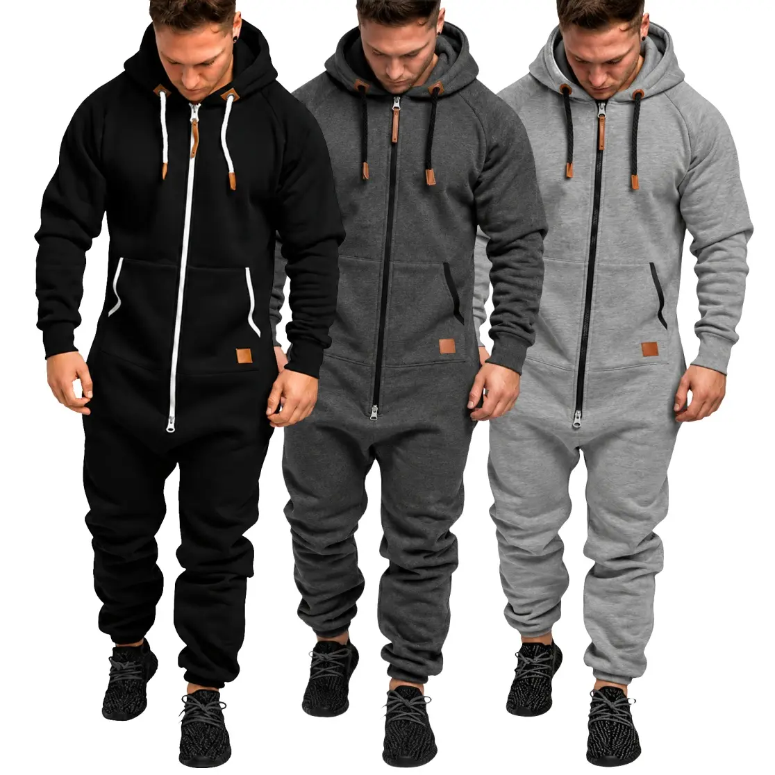 Men's Fleece Lined Hooded Jumpsuit, Warm Full Zip One Piece Outfit with Pockets, Long Sleeve Casual Winter Onesie, Comfortable Hooded Loungewear for Outdoor Activities, Daily Wear and Travel