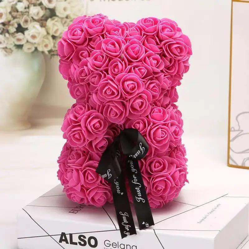 25cm Artificial Teddy Rose Flower Bear with Box Romantic Valentines Day Gift Girlfriend Women Anniversary Wedding Party Supplies