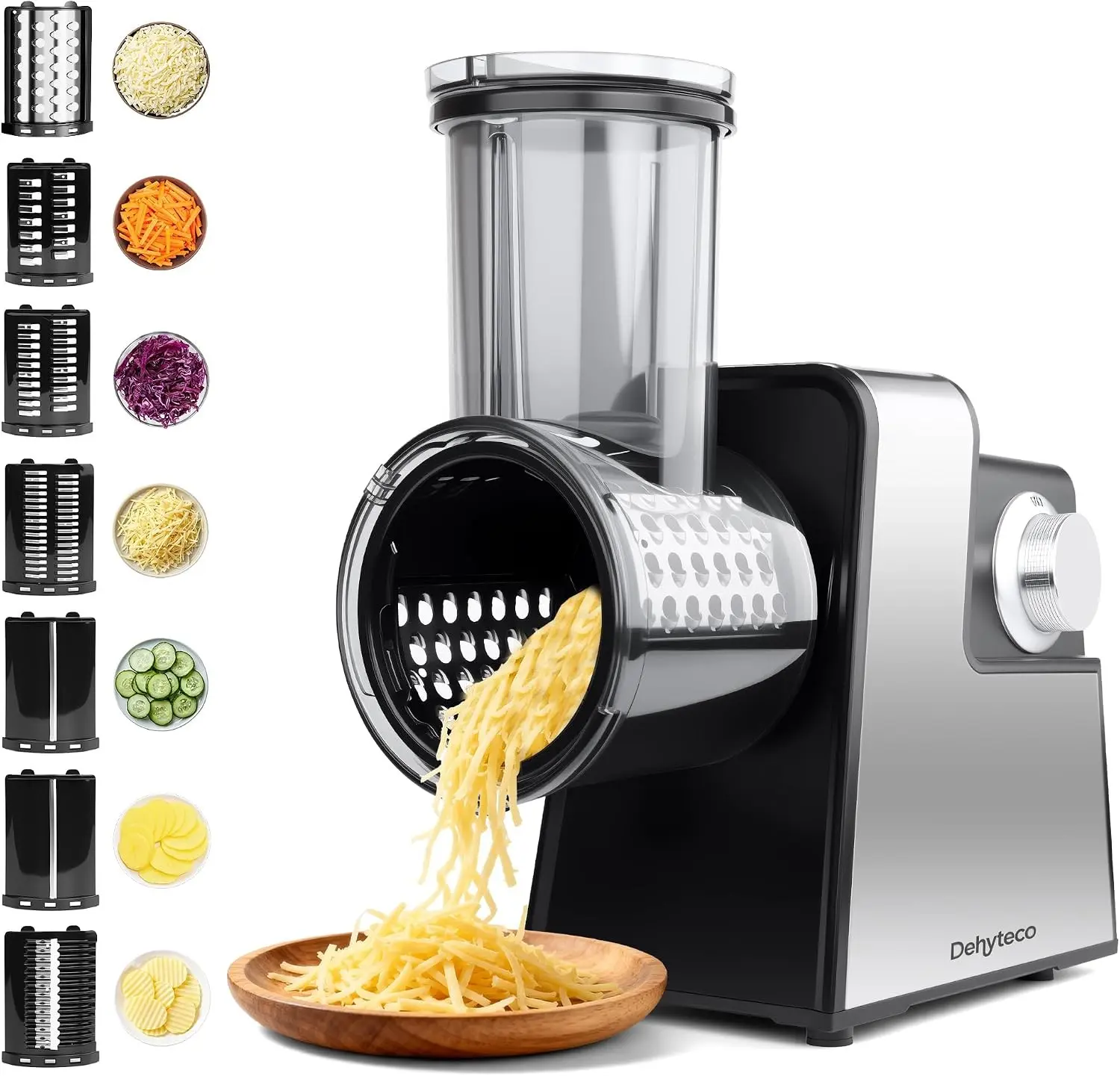 Electric Cheese Grater 7 in 1 Stainless Steel Salad Shooter Food Slicer Shredder Chopper with Rotary Switch 300W for Block Cheese Vegetables Cucumber Carrots