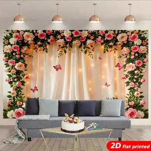2D Flat Printed Polyester Light Rose Flower Tapestry Wall Hanging - Pink, White Fairy Nature Floral Butterfly Design, Decorative Curtain Backdrop for Bedroom, Romantic Wedding Home Decor Gift