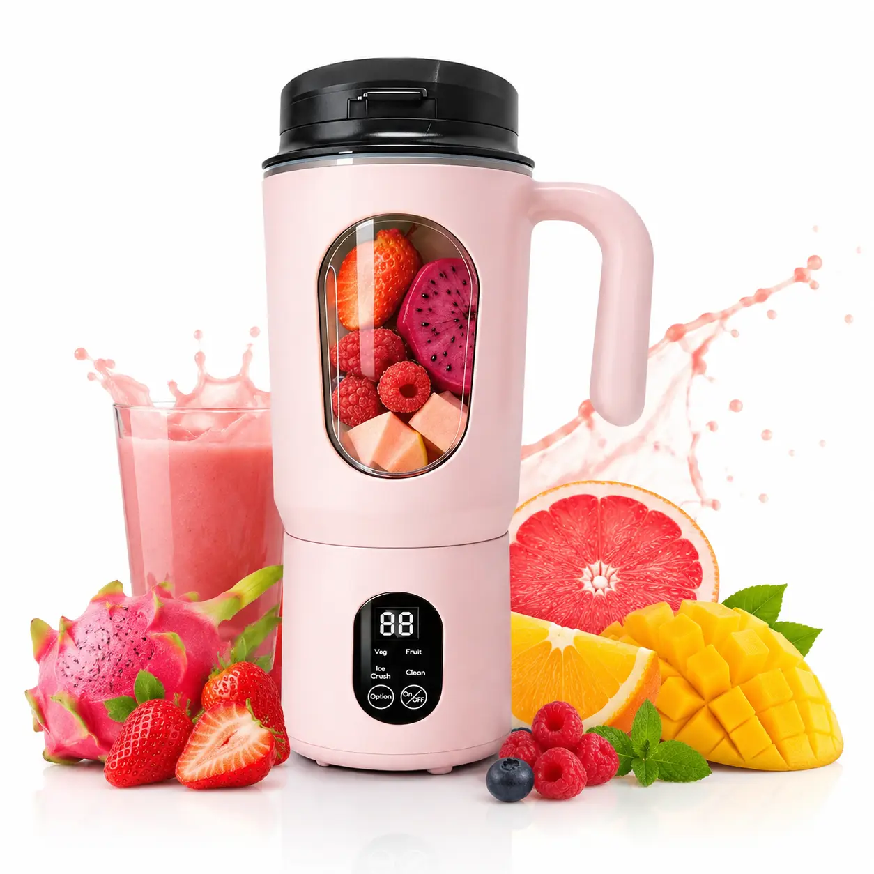 580ML Portable Blender for Kitchen Appliances, USB Rechargeable Handheld Juicer with LED Display, 22000 RPM, Food Grade BPA-Free, Self-Cleaning Ice Crusher for Smoothies, Portable Blenders&Pink