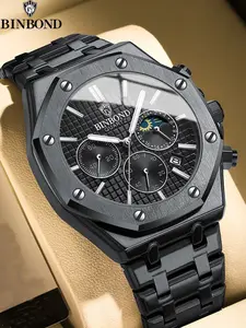 BINBONG B0161 Man Business Quartz Watch, Quartz Analog Watch, Chronograph Wristwatch Stainless Steel Strap 30M Waterproof Watch,for Party,Everyday Accessories,Trendy All-match,with Bo