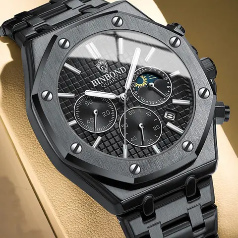 BINBONG B0161 Man Business Quartz Watch, Quartz Analog Watch, Quartz Wristwatches, Chronograph Wristwatch Stainless Steel Strap 30M Waterproof Durable Watch,for Party,Everyday Accessories,Trendy All-match,with Bo