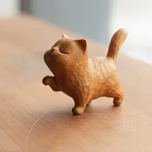 1pc Handcrafted Wood Carved Cute Cartoon Cat Figurine, Gift for Couples, Adorable and Unique Home Décor, Wooden Decor