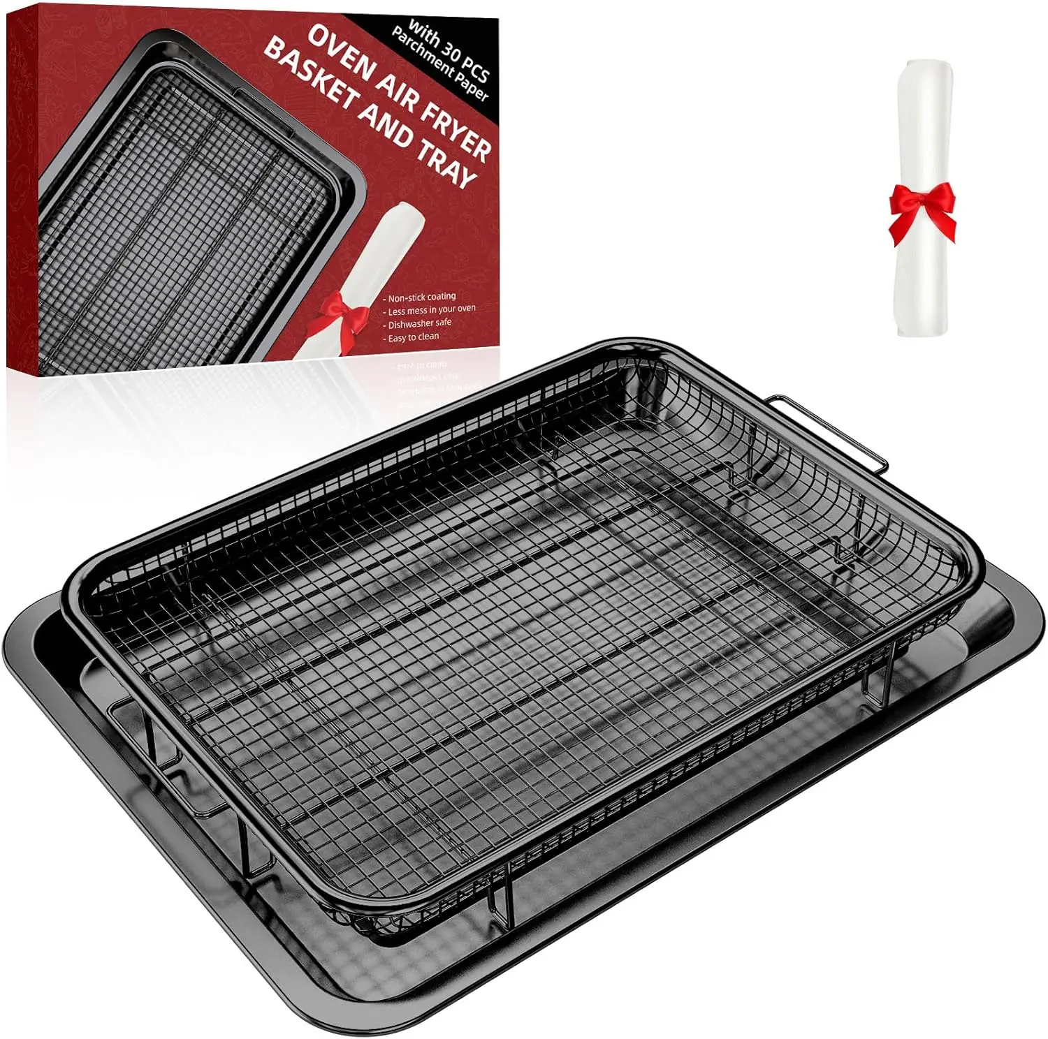 Air Fryer Pans for Oven, Oven Air Fryer Basket and Tray with 30 count  Papers,  Crisper Tray Non-stick Stainless Steel Air Fry Pans for Convection Oven(15.8"  11"-Black)