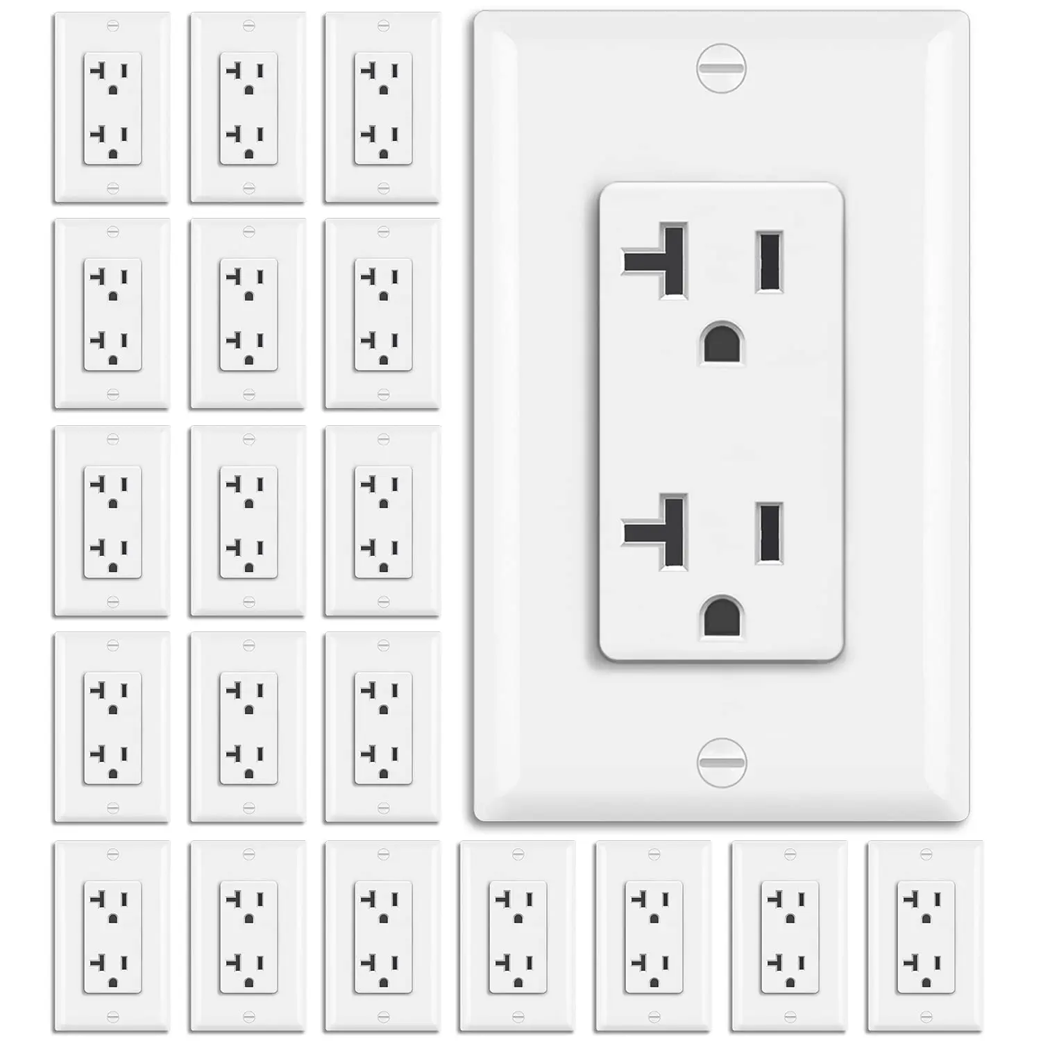 20 Pack 20 Amp Decorator Receptacle, Electrical Wall Outlet| Non-Tamper-Resistant, Residential & Commercial Use, 20A/125V/2500W, Wallplate Included, UL Listed, White