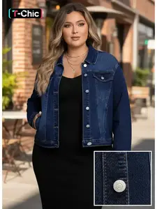 Women's Plus Size Vintage Denim Jacket, Fitted, Elastic Fabric, Button Design, Casual Fashion, Daily Wear, All Seasons Women's Jean Jacket