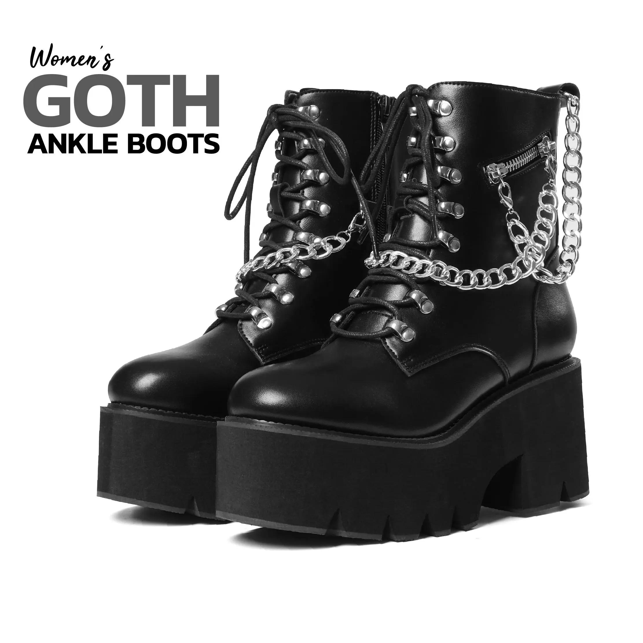 Ankle Boots for Women Goth Boot Round Toe Chunky Block High Heel Lace Up Side Zipper Chain Fashion Rave Punk Concert Night Club Motorcycle Boots Jennifers Body Platform Gothic Combat Booties Trendy Short Shoes