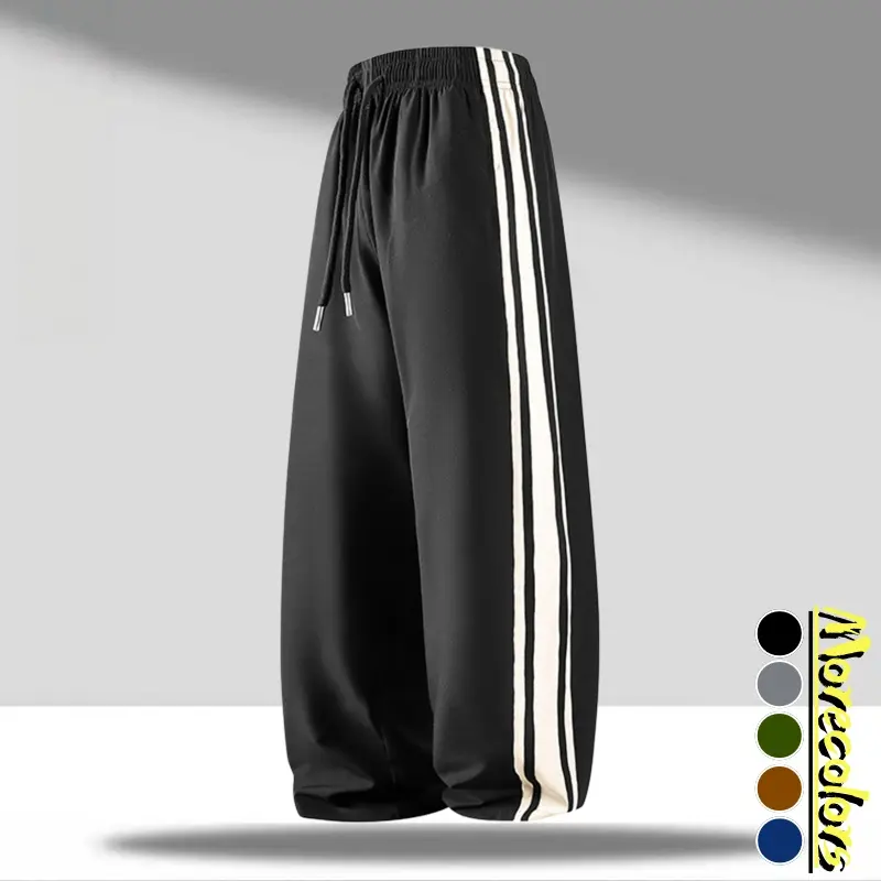 Unisex American retro sweatpants with side stripe, wide legs — elastic drawstring waist, drapey relaxed fit; trendy casual pants for daily commuting and street style