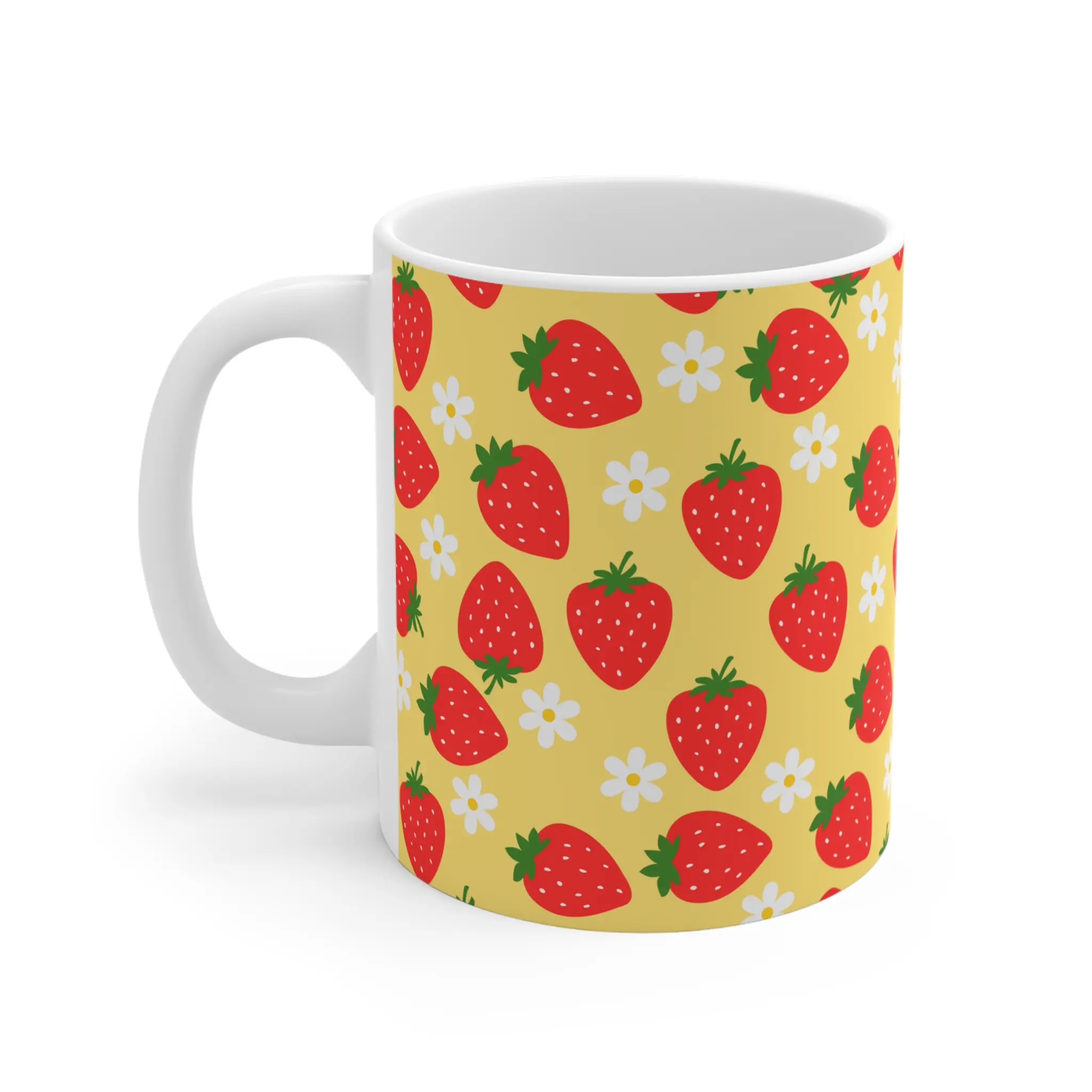 Cute Yellow Strawberries and Daisies Ceramic Mug (11oz) Coffee Drinkware